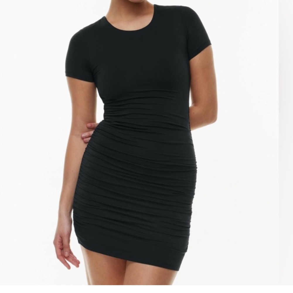 Aritzia Black Short-Sleeve Ruched Mini Dress